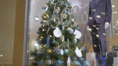 Shop window decorated for the new year. There is a season of sales of goods Video stock 100019856