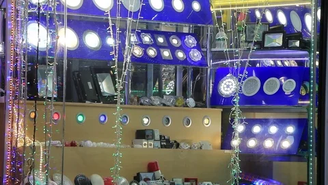 Shop window with different lighting lamps Stock Footage 83858186