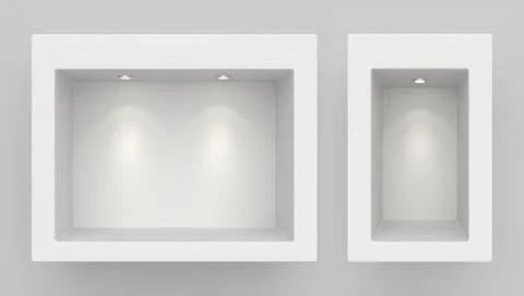 Shop window display, Empty storefront with light, showcase mock up 3D rendering Illustrazione stock