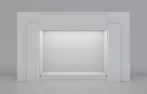 Shop window display, Empty storefront, White Showcase. 3d rendering Illustrazione stock