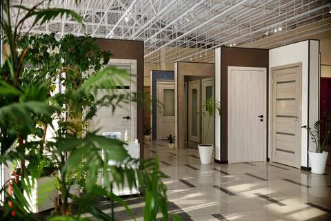 Shop window of interroom doors. a large selection of interior doors for the h Stock Photos