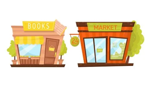 Shop Window or Store Front with Market and Books Sign Vector Set Illustrazione stock