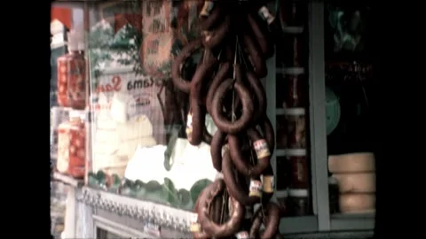 Shop Window with Sausages Stock Footage 278040210