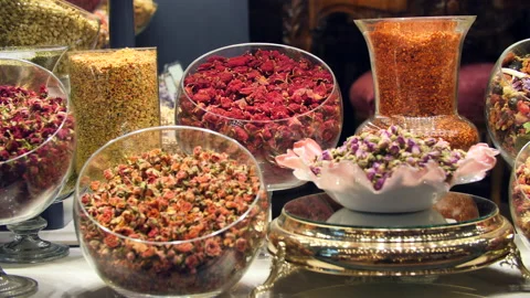 Shop Window Various Dried Flower Tea in Spice Bazaar Istanbul Video stock 137594915