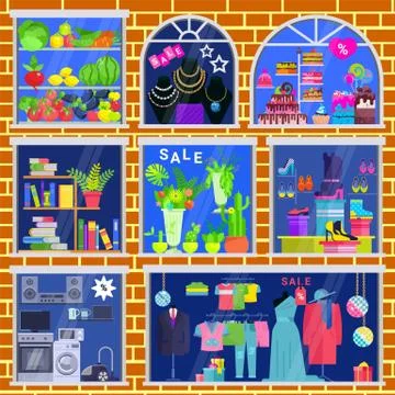 Shop window vector showwindow of book store clothing shop and jewelery window Stock Illustration