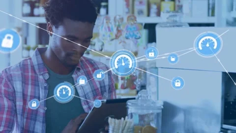 Shop worker tapping tablet and updating retail data, forming expanding blue Stock Footage 333574973