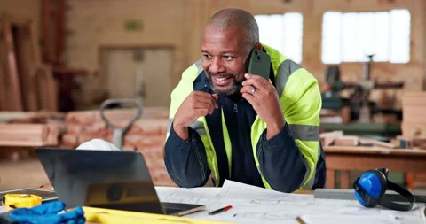 Shopfitting, blueprint or man with carpentry phone call for custom project, Stock Footage 338017629