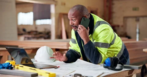 Shopfitting, laptop and man with carpentry phone call for custom project, Stock Footage 337985667