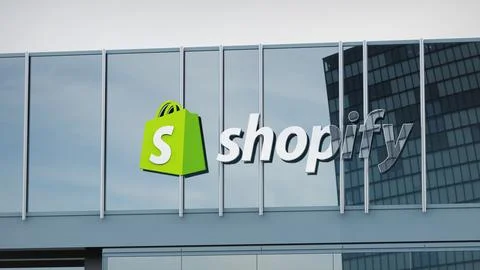 Shopify Stock data presented on the logo of the office facade editorial Stock Photos