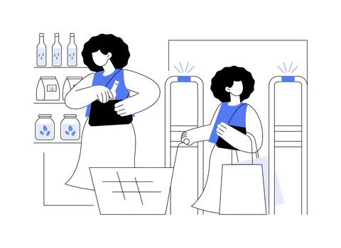 Shoplifting control isolated cartoon vector illustrations. Ilustración de archivo