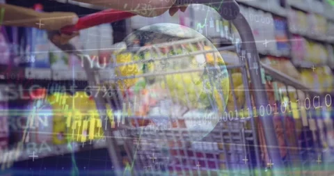 Shopper gripping red handle starting globe over cart, charts pulsing and moving Stock Footage 321377782