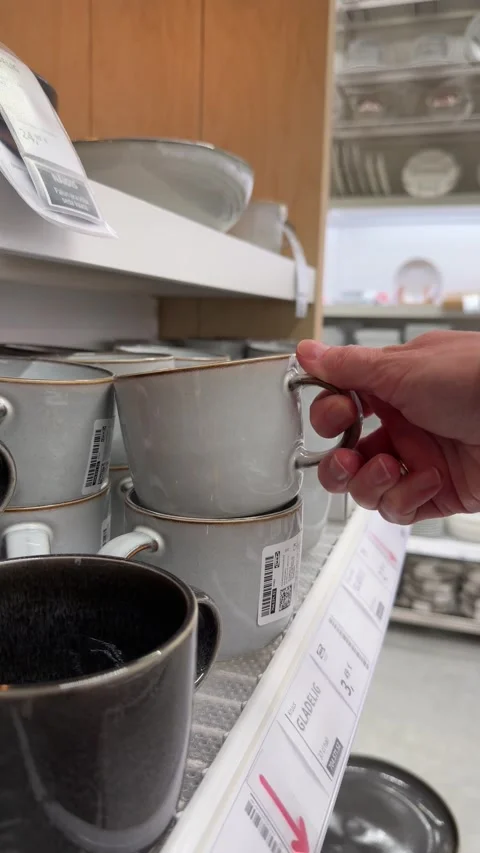 Shopper hand picking ceramic mug from shelf in kitchenware section of store Stock Footage 330933584