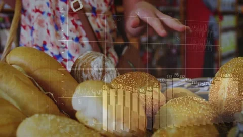 Shopper hand reaching into bakery basket selecting roll to buy while grid traces Stock Footage 332901869