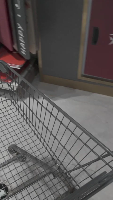 Shopper pushing empty cart between grocery store shelves, scanning products and Stock Footage 315561086