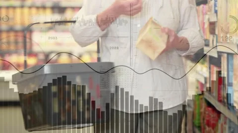 Shopper reaching retail shelf selecting box placing into basket, data charts Stock Footage 330379772