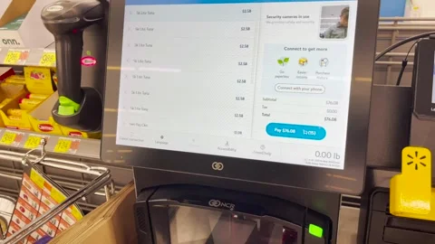 Shopper scanning items at Walmart self-checkout. Stock Footage 303338368