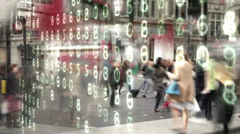 Shoppers with binary code and numbers. Stock Footage 55596626
