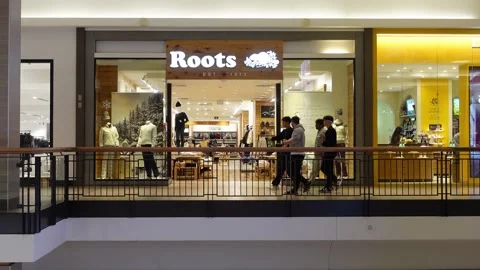 Shoppers passing  by the Roots store inside a shopping mall. Stock Footage 292700866