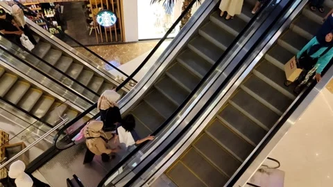 Shoppers Using Escalators in a Modern Multi-Level Shopping Mall Video stock 305367768