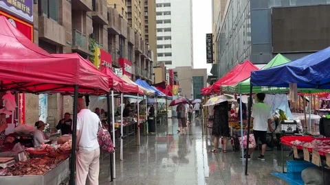 Shoppers Walk Between Meat Stalls at a Rainy Dandong Market Vidéo 340176084