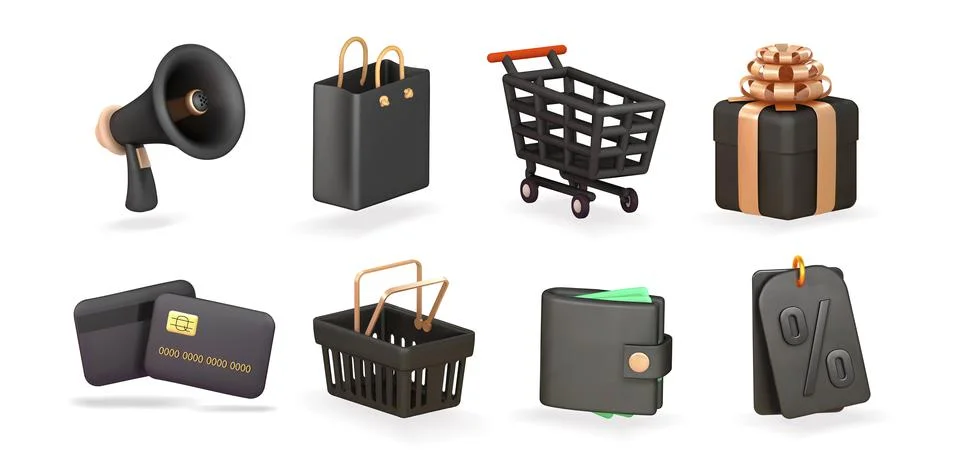Shopping 3d render realistic vector icon set. Basket, gift, megaphone, credit 스톡 일러스트