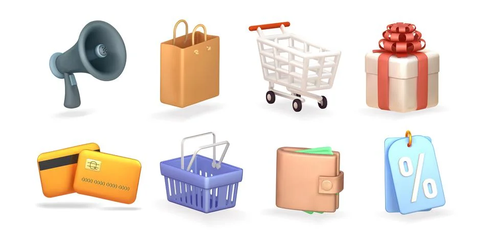 Shopping 3d render realistic vector icon set. Basket, gift, megaphone, credit Stock Illustration