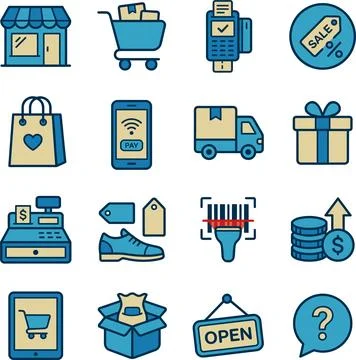 Shopping and E-commerce Icon Set with Store, Cart, POS, Sale, Bag, Mobile, .. Stock Illustration