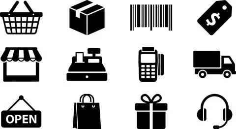 Shopping and E-commerce Icons Set - Retail, Delivery, and Customer Service .. Stock Illustration