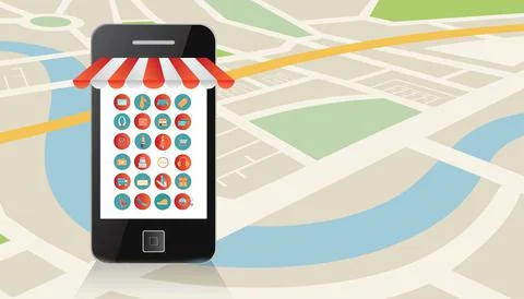 Shopping app displayed on mobile screen against navigation map 스톡 일러스트