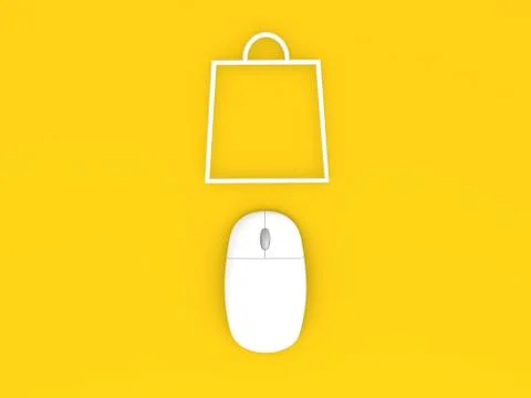 Shopping bag and computer mouse on a yellow background. Stock Illustration