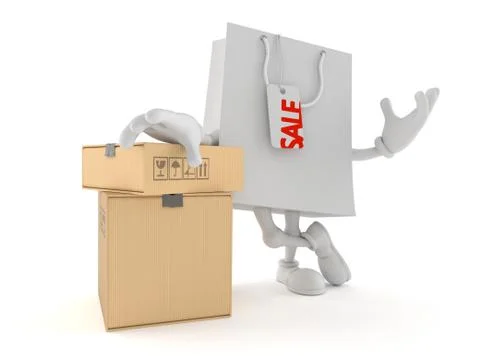 Shopping bag character with stack of boxes Illustrazione stock