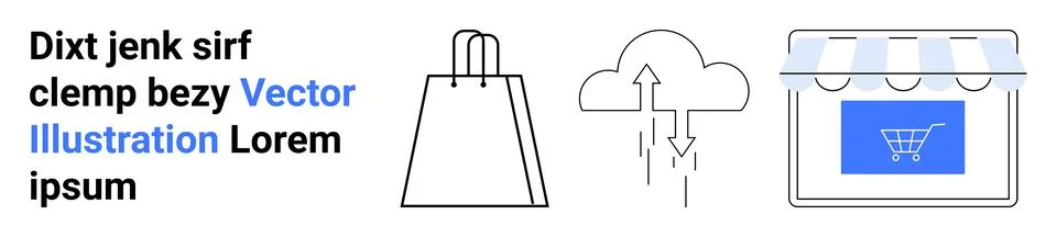Shopping bag, cloud with data transfer arrows, online store interface. Ideal  Ilustração Stock
