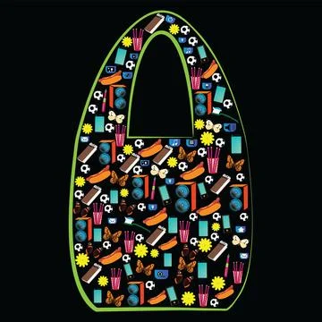 Shopping bag contour with many objects of daily use on black background Stock Illustration