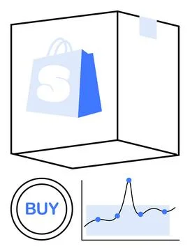 Shopping bag in cube BUY button and line graph with data points. Ideal for e- イラスト素材