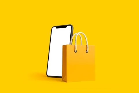 Shopping bag with empty smartphone screen on a yellow background Stock Illustration