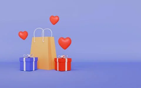 Shopping bag with gift boxes and love hearts with copy space 3d illustration Stock Illustration