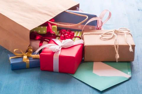 Shopping bag with gift boxes Stock Photos