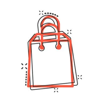 Shopping bag icon in comic style. Handbag cartoon sign vector illustration on Stock Illustration