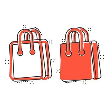 Shopping bag icon in comic style. Handbag cartoon sign vector illustration on Illustrazione stock