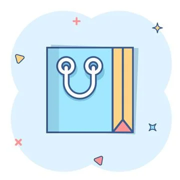 Shopping bag icon in comic style. Handbag cartoon sign vector illustration on Illustrazione stock