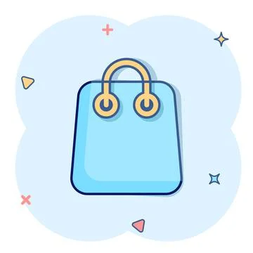 Shopping bag icon in comic style. Handbag cartoon sign vector illustration on Illustrazione stock