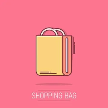 Shopping bag icon in comic style. Handbag cartoon sign vector illustration .. Illustrazione stock