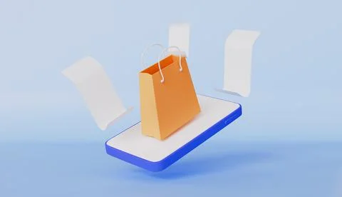 Shopping bag icon floating over smartphone with a bill that sways Stock Illustration