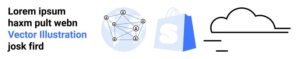 Shopping bag icon represents e-commerce, network diagram signifies networking Stock Illustration