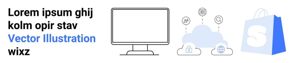 Shopping bag next to a computer screen and cloud with security icons. Ideal f Stock Illustration