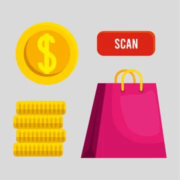 Shopping bag scan button and coins vector design Stock Illustration