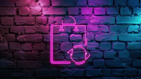 Shopping Bag wtih arrows, refresh, reload neon icon on brick wall background Stock Footage 276322529