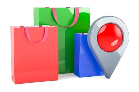 Shopping bags with map pointer. 3D rendering Stockillustratie