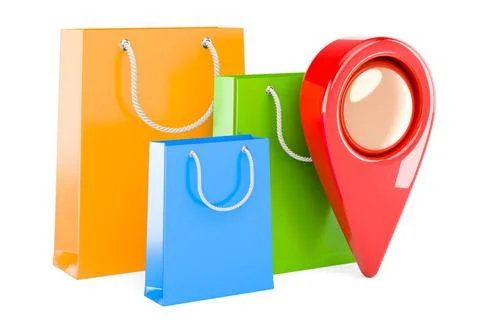 Shopping bags with map pointer, 3D rendering Shopping bags with map pointe... Foto stock