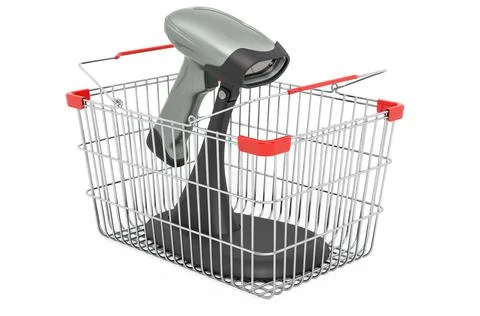 Shopping basket with bar code reader, scanner. 3D rendering Stock-Illustration